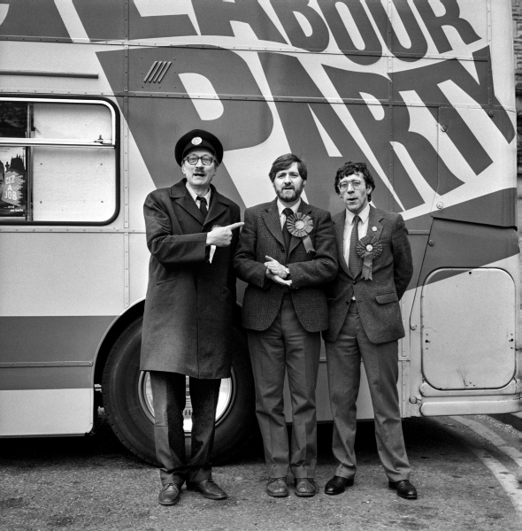 Stephen Lewis (Blakey On the Buses) supporting Labour Party Campaign, with Jack Straw MP and Michael Hindley MEP Blackburn