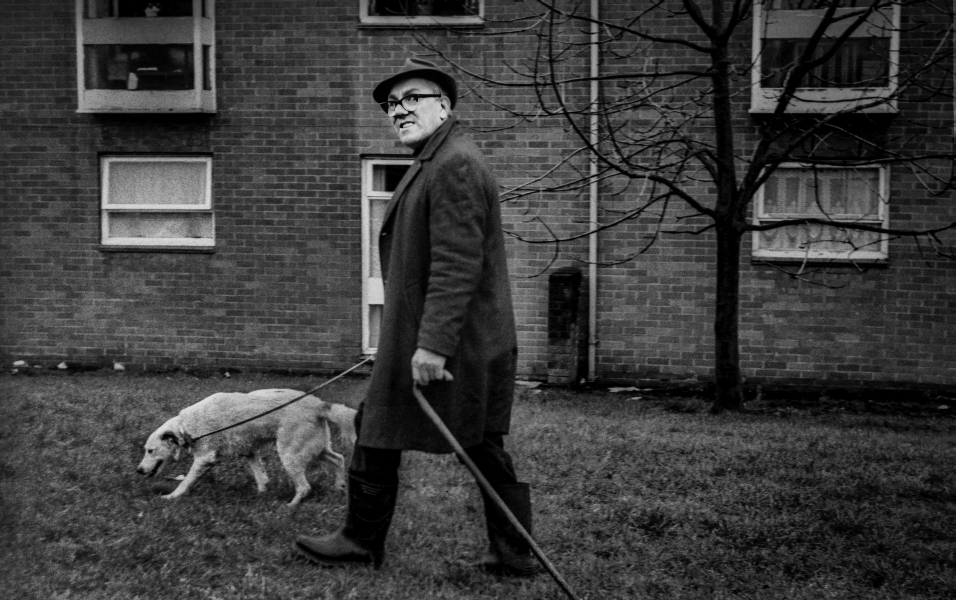 Man walking dog at Bank Top - Blackburn a Town and its People Photographic Study