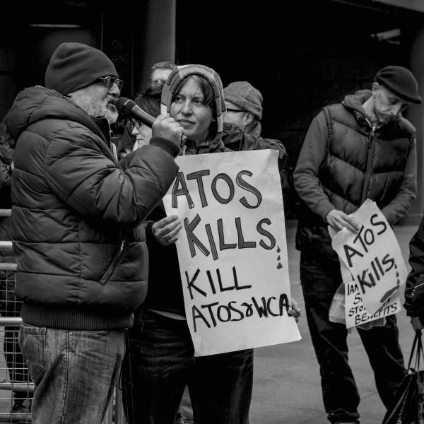 Demonstration by disabled people and carers outside ATOS offices, London 19th February 2014