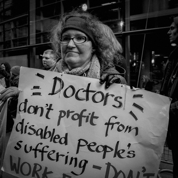 Demonstration by disabled people and carers outside ATOS offices, London 19th February 2014